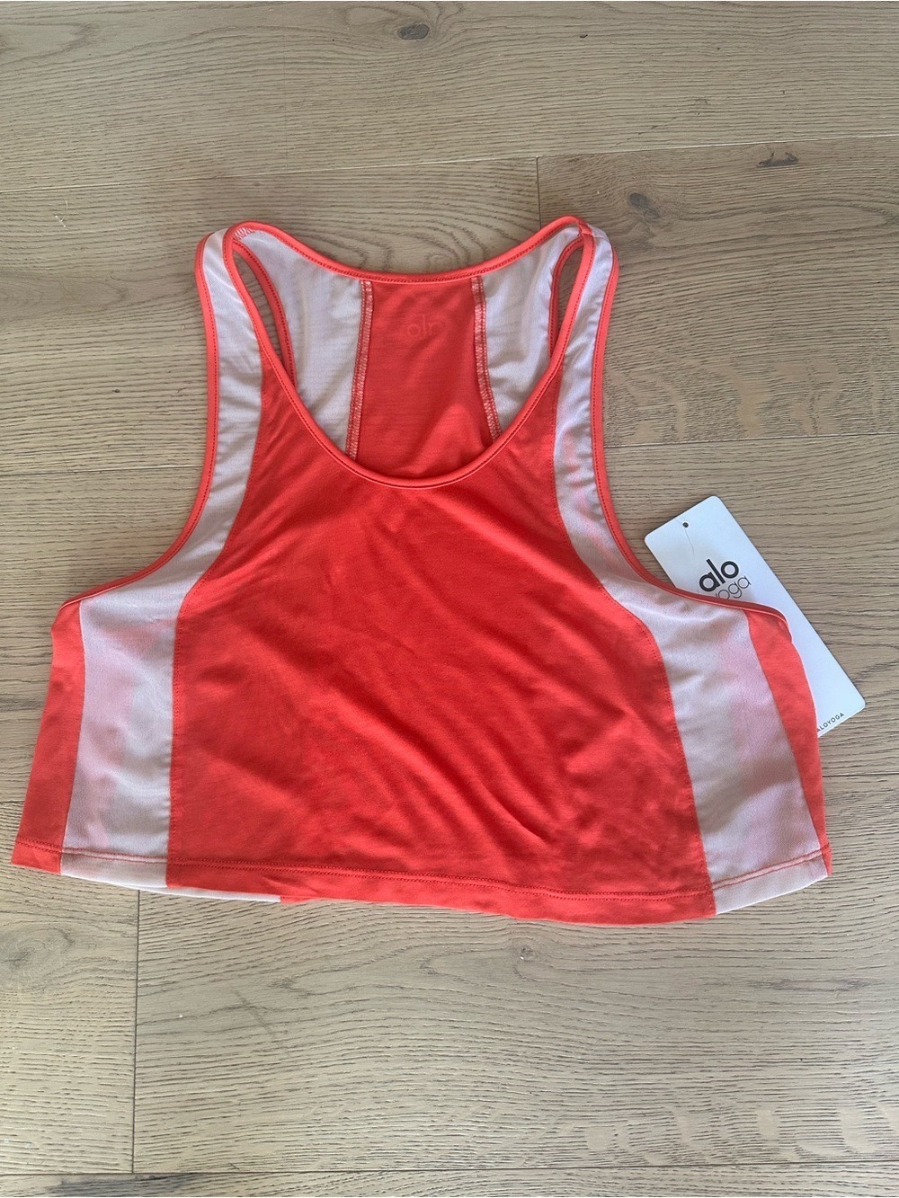 ALO YOGA VIRTUE TANK MESH PANELCROPPED TANK ORANGE & WHITE WOMENS SM
